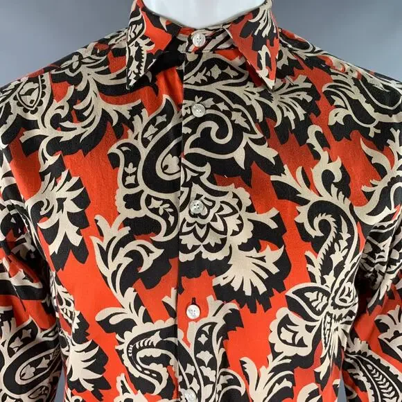 ETRO Size M Orange Black Khaki Abstract Floral Long Sleeve Shirt